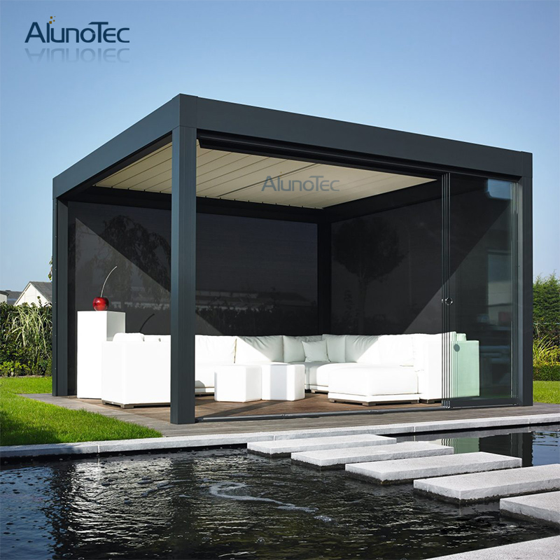China-Fernbedienungs-Garten-Aluminium-Lamellendach-Pergola, einfacher Aufbau eines Pavillons mit Glastür