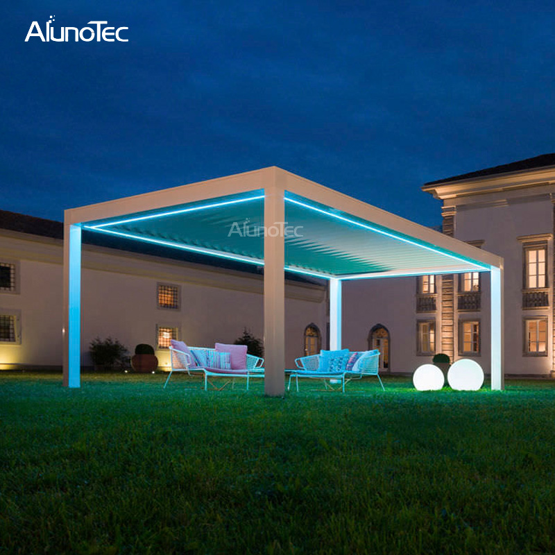 Motorisierter Outdoor-Pavillon, modernes Lamellendach, bioklimatische Aluminium-Tragflächenpergola für Sonnenschutz