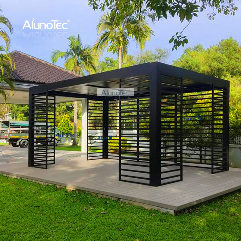  Motorisierter Outdoor-Pavillon, modernes Aluminium-Lamellendach, bioklimatischer Pergola-Sonnenschutz mit Rollläden, Glastür