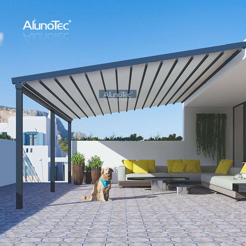Garten-PVC-Dachmarkise, ausziehbar, Aluminium-Pergola mit LED-Leuchten