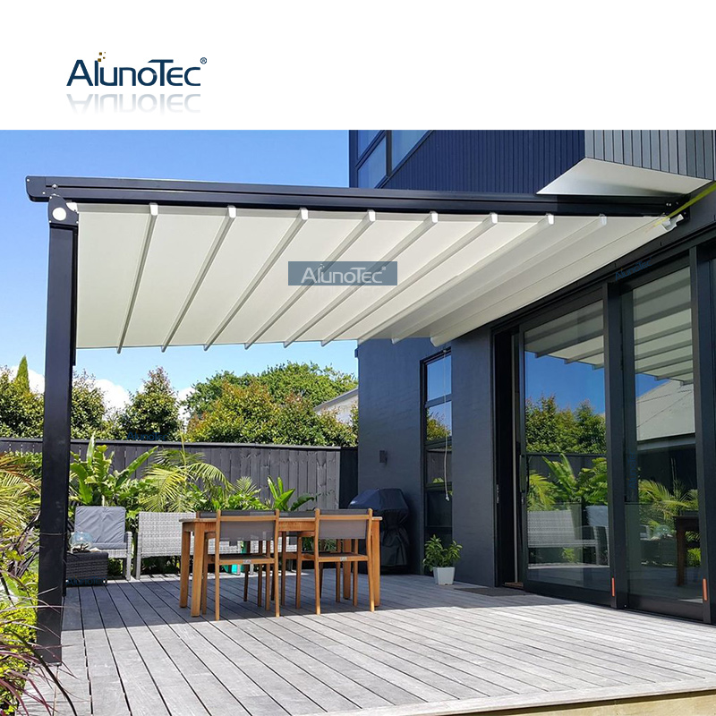 Outdoor-Aluminium-wasserdichtes PVC-Faltdach, einziehbares Pergola-Markisensystem mit LED-Leuchten