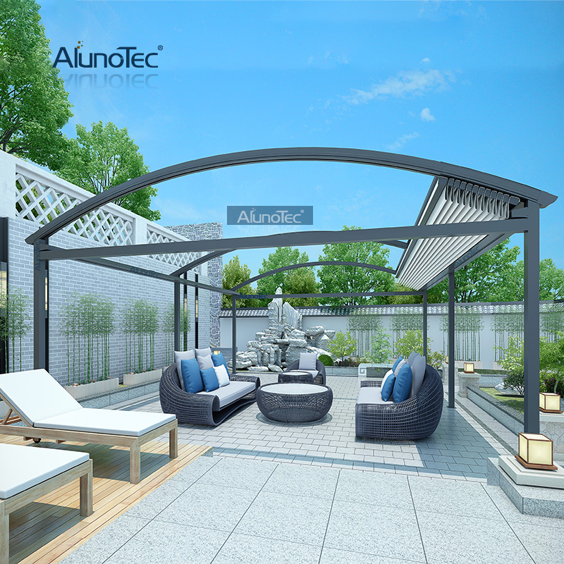 Moderne, elektrisch und nachhaltig bedienbare Markise mit ausfahrbarem Dach für die Terrasse