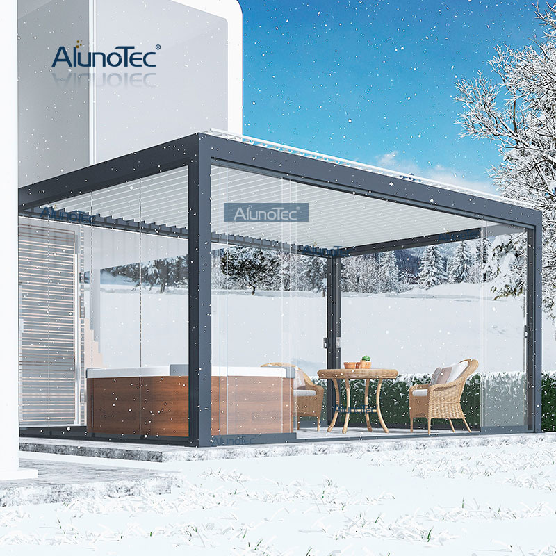  AlunoTec Maßgeschneiderte motorisierte Aluminium-Terrassenüberdachung, Markise, Pergolen, Dachpavillon für den Außenbereich mit Glasschiebetür