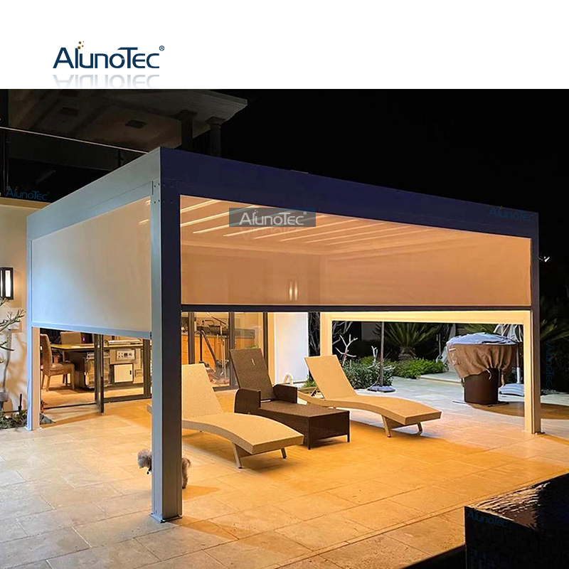 Elektrisches Zelt, einziehbare Markise, wasserdichte Aluminium-Pergola mit LED-Licht und Säule