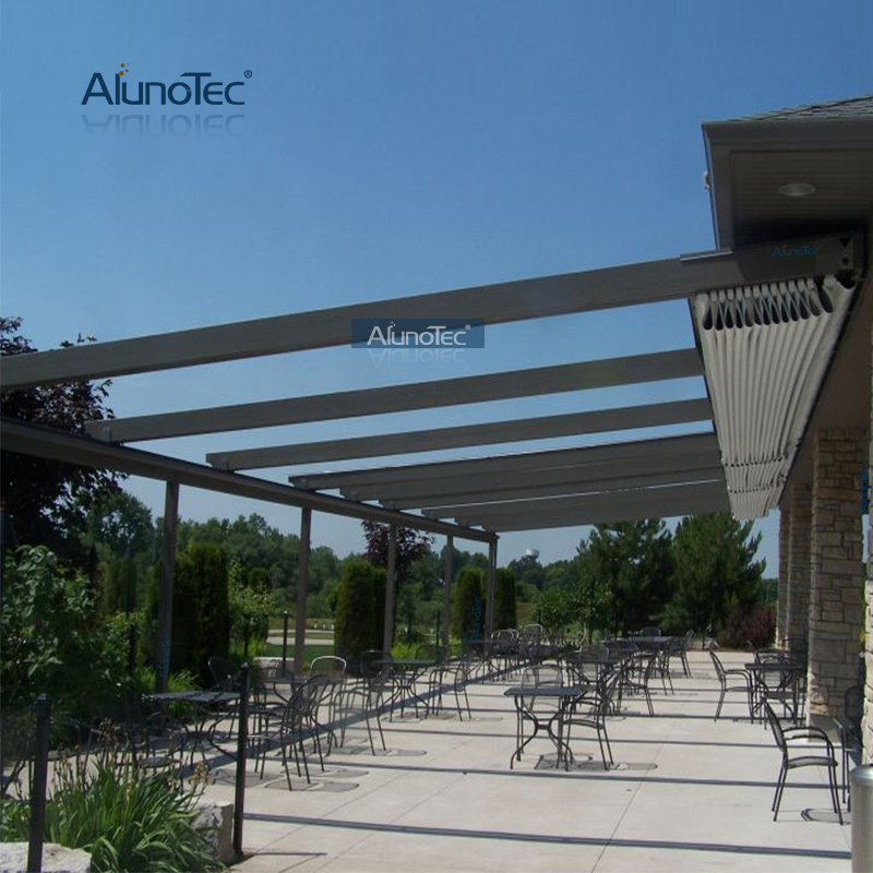 Garten-PVC-Dachmarkise, ausziehbar, Aluminium-Pergola mit LED-Leuchten