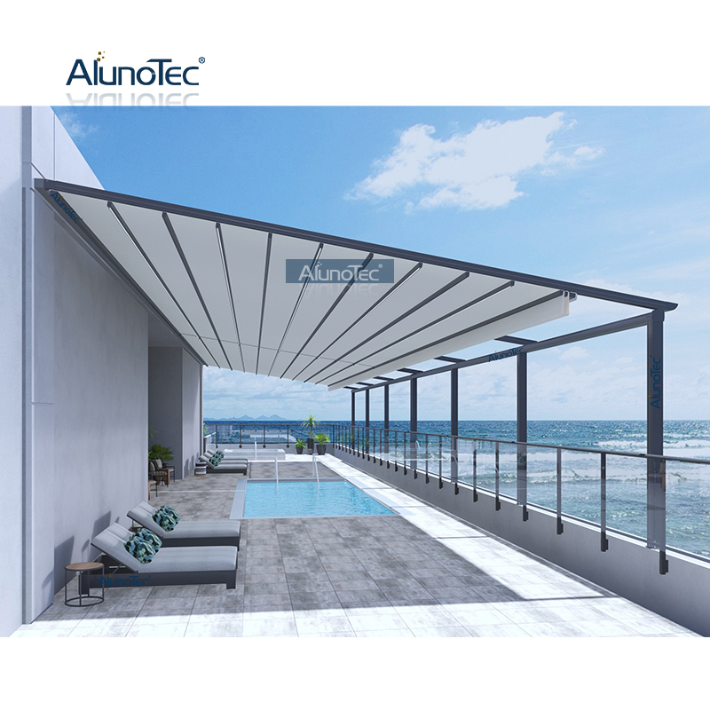 AlunoTec winddichtes bioklimatisches Vordach aus Metall, einziehbare Pergola-Faltdach-Markise für den Außenbereich