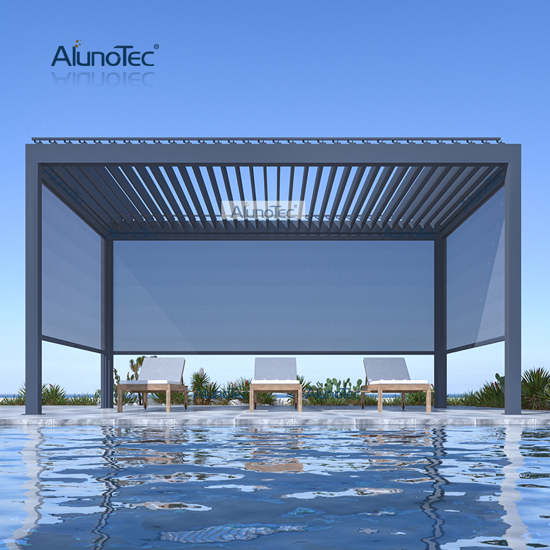 AlunoTec Manuell/motorisierter Garten-Sonnenschutz, Überdachung, Aluminium-Pavillon, regensichere Lamellen-Pergola mit LED
