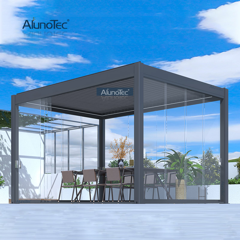  AlunoTec Motorisierter Aluminium-Außenpavillon, wasserdichte, bioklimatische Pergola mit Lamellendach für die Terrasse