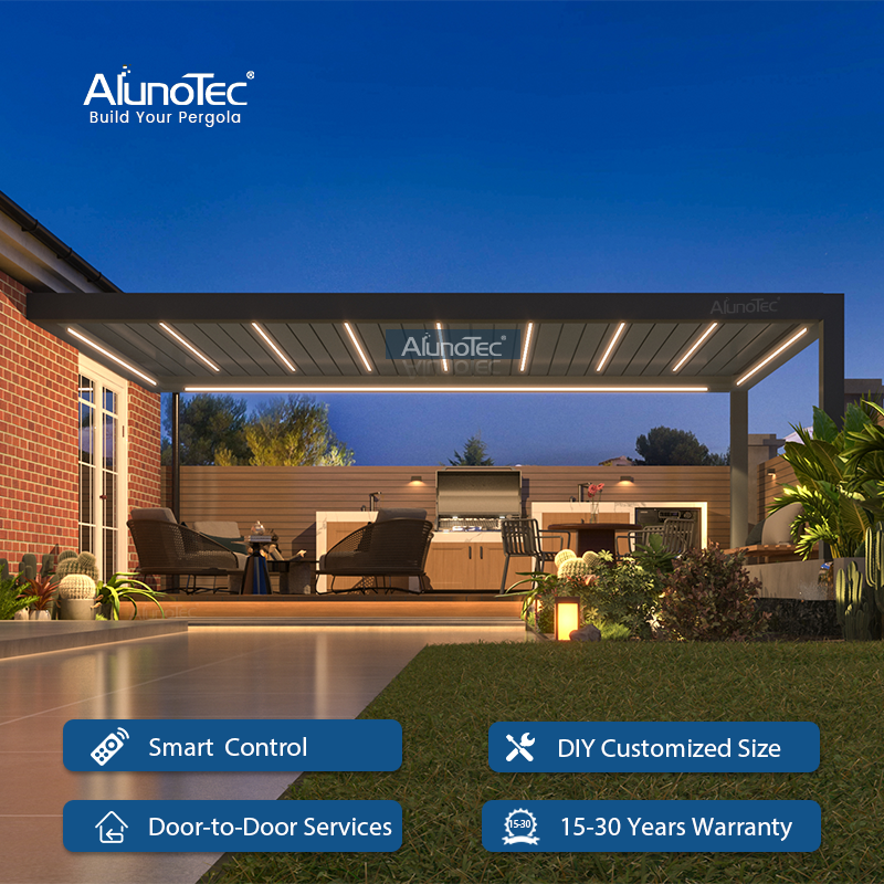 AlunoTec Outdoor Space Individuelles Pergola-Design verwandelt den Hinterhof in eine private Oase mit Lamellenfenstern