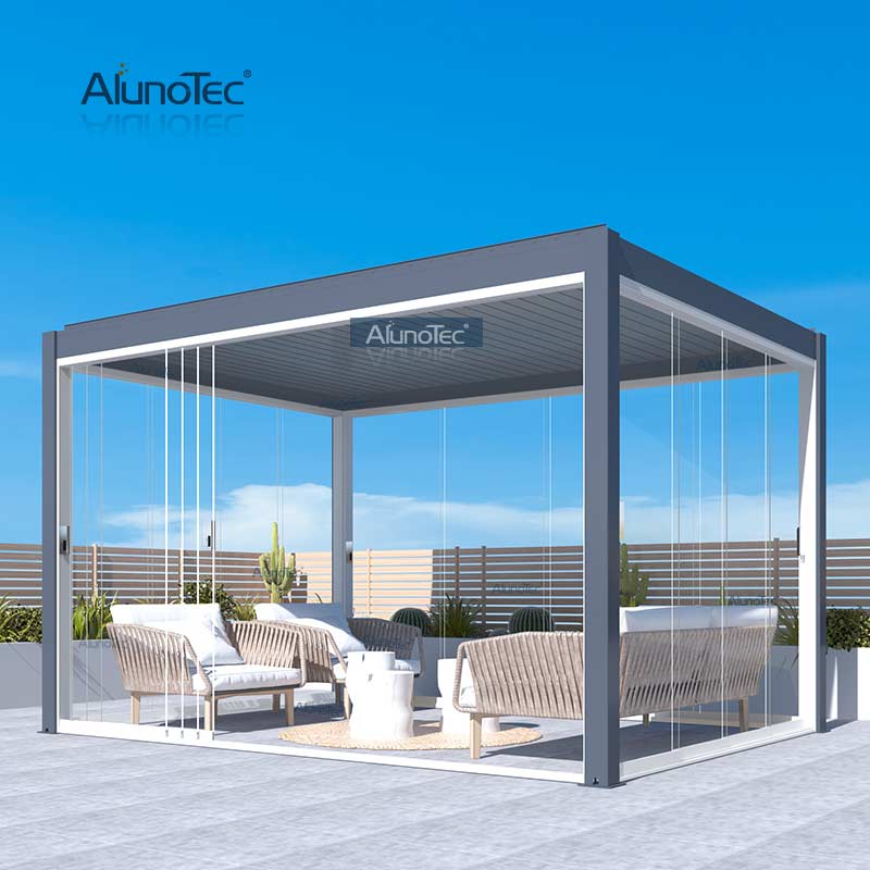 AlunoTec Pergola-Set mit manueller Kurbelbedienung, wasserfest, für den Außenbereich, Pavillon, Gartenöffnung, Lamellendach