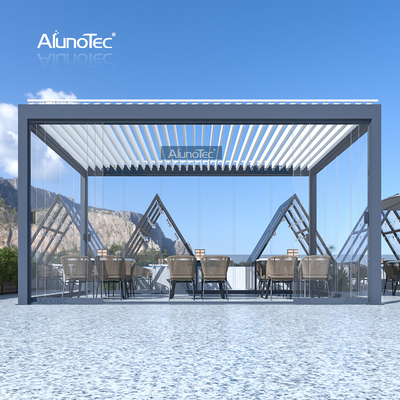 AlunoTec motorisierte wasserdichte Terrassenabdeckung, Lamellendach, automatische Markise aus Aluminium für den Außenbereich, Gazobo-Pergola mit LED-Leuchten