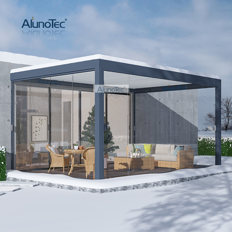 AlunoTec Modernes Design, wasserdichte Markise für den Außenbereich, freistehende Aluminium-Gartenlamellen-Pergola mit Seitenschutz